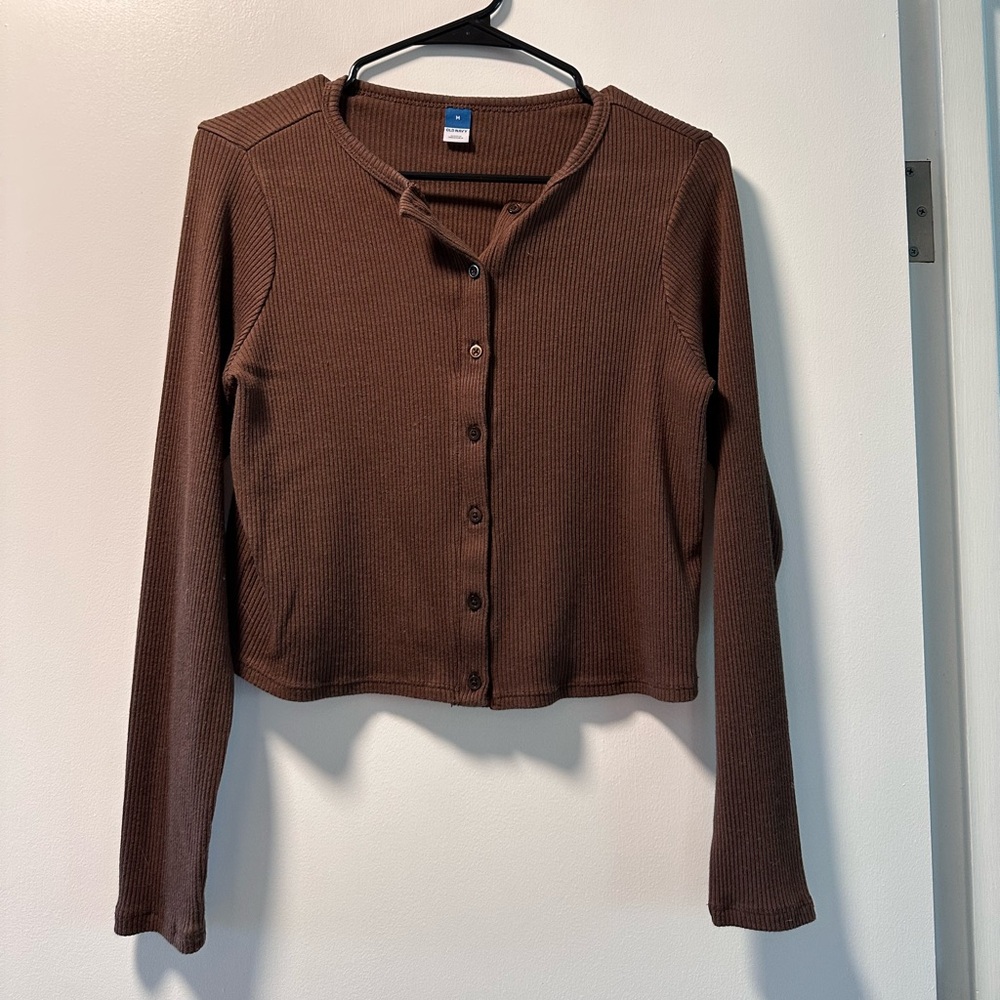 Old Navy Brown Cropped Ribbed Button Down Shirt
